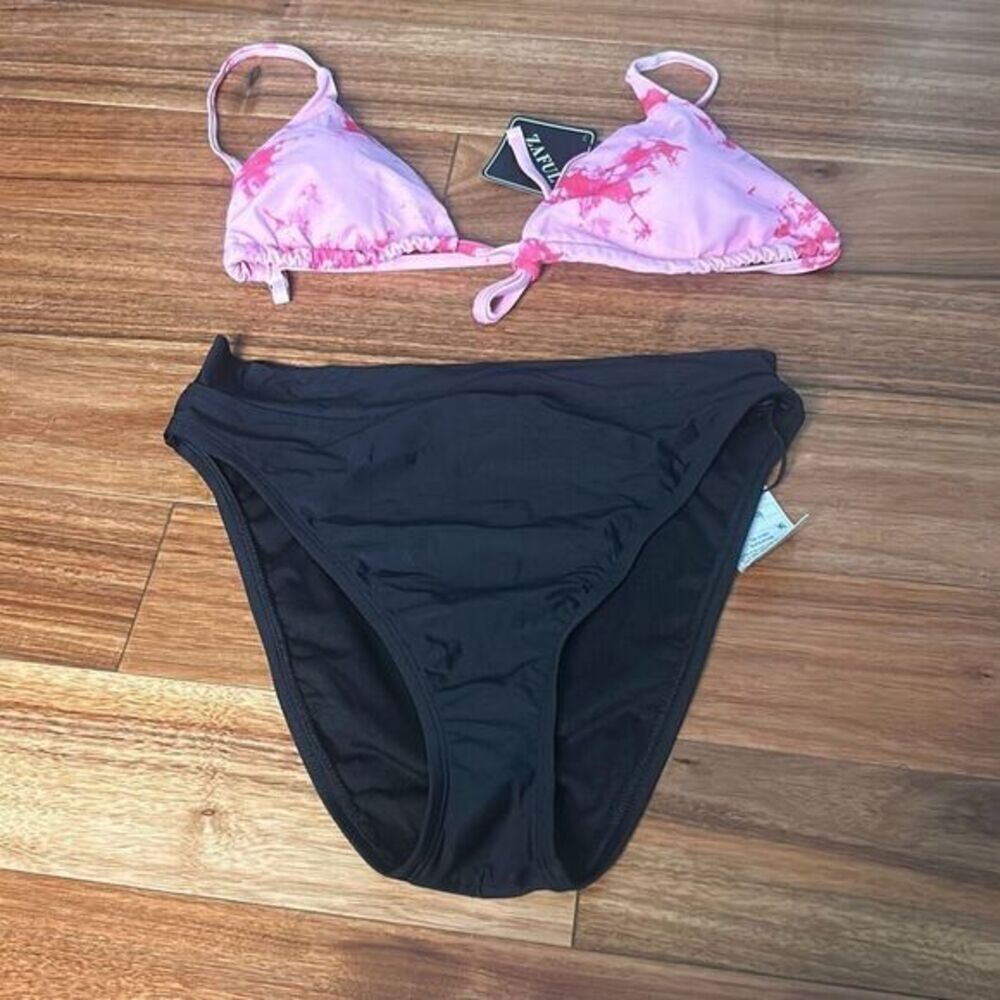 Zaful shade & shore triangle pink tie dye‎ bikini black cheeky high rise bottoms
